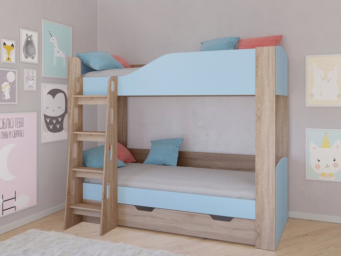 Двухъярусная кровать Астра-2 80х190 цвета Дуб сонома-Голубой - купить Двухъярусные кроватки по цене 23100.0