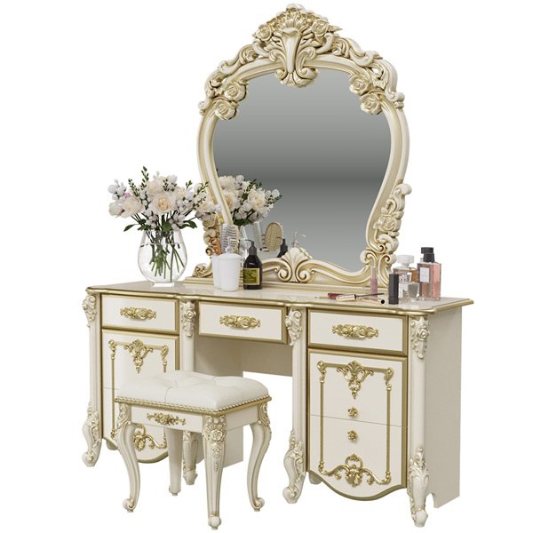 Стол туалетный с зеркалом и пуфом Дольче Вита цвета слоновой кости с золотом