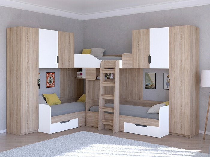Двухъярусная кровать Трио 3 80х190 цвета Дуб Сонома-белый - купить Двухъярусные кроватки по цене 58400.0