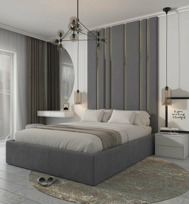 Кровать Jessi 160х200 светло-серого цвета с золотыми молдингами и подъемным механизмом  - лучшие Кровати для спальни в INMYROOM