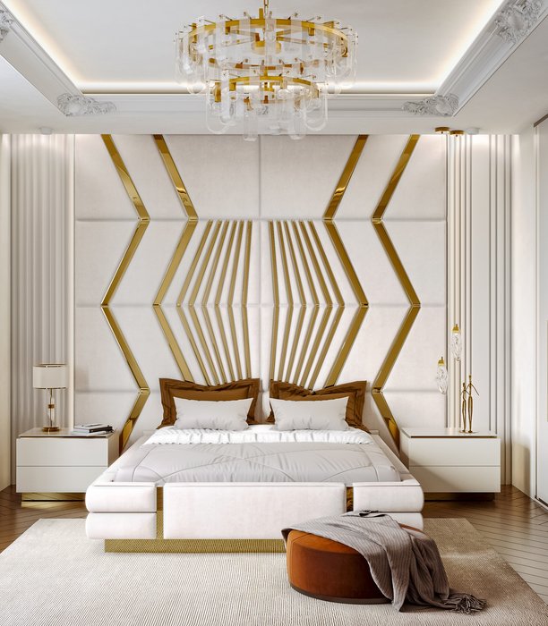 Кровать Fuimine 180х200 светло-бежевого цвета с золотыми молдингами и подъемным механизмом - лучшие Кровати для спальни в INMYROOM