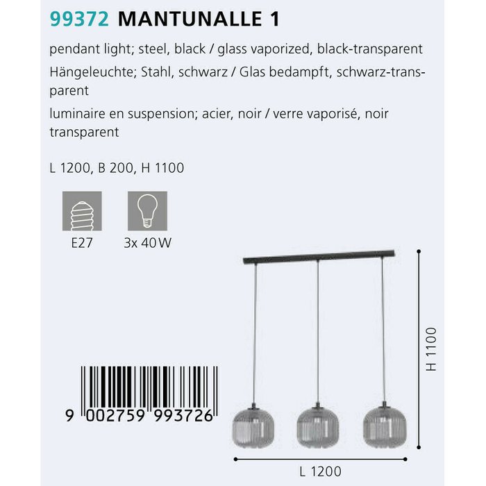 Люстра Eglo Mantunalle 1 99372 - купить Подвесные люстры по цене 15390.0