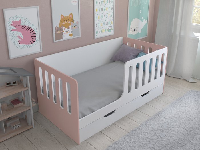 Кроватка Астра 12 80x160 бело-розового цвета с выдвижным ящиком  - купить Одноярусные кроватки по цене 15400.0