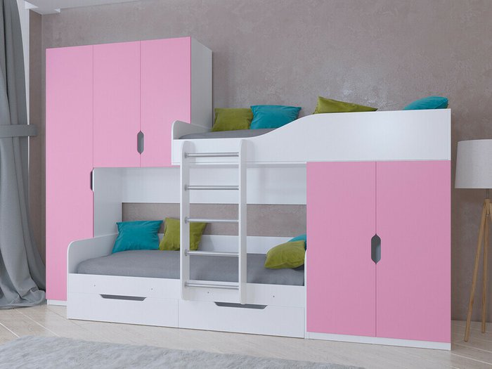 Двухъярусная кровать Лео 80х190 бело-розового цвета - купить Двухъярусные кроватки по цене 45100.0