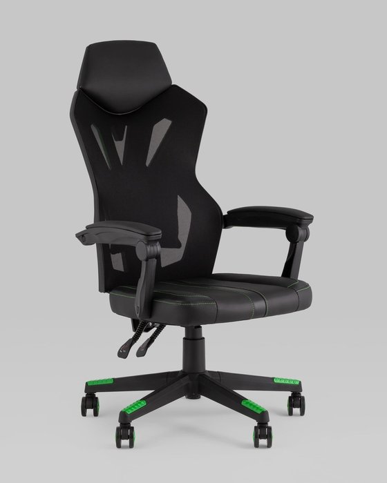 Кресло спортивное Top Chairs Айронхайд черного цвета с зелеными вставками - купить Офисные кресла по цене 14990.0