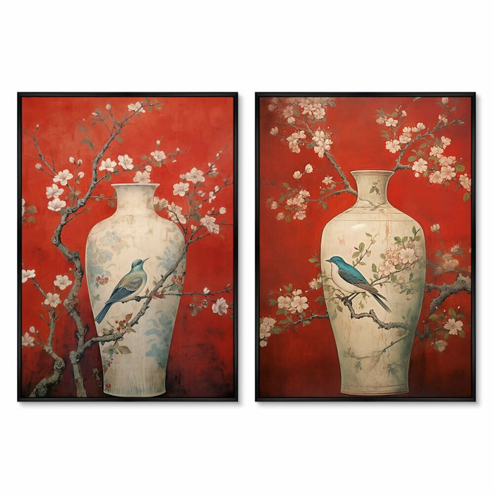 Набор из двух репродукций картин China porcelain vase, red palette, 2024г.