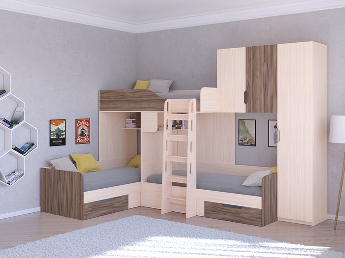 Двухъярусная кровать Трио 2 80х190 цвета Дуб молочный-Орех - купить Двухъярусные кроватки по цене 45400.0
