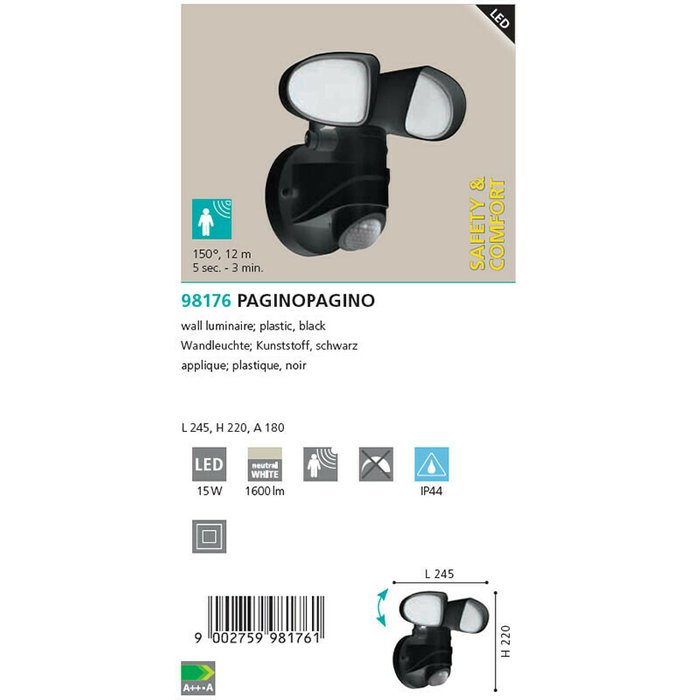 Уличный настенный светодиодный светильник Pagino черного цвета - купить Настенные уличные светильники по цене 10990.0