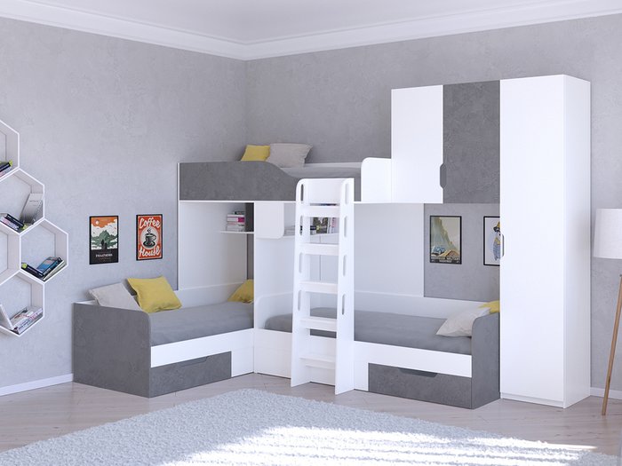 Двухъярусная кровать Трио 2 80х190 цвета Железный камень-белый - купить Двухъярусные кроватки по цене 45400.0