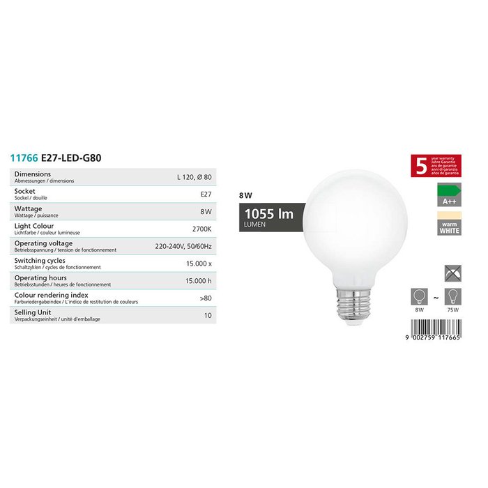 Светодиодная филаментная лампа Милки 220V G80 E27 8W (соответствует 75W) 1055Lm 2700К (теплый белый)  - купить Лампочки по цене 262.0
