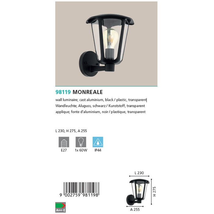 Уличный настенный светильник Eglo Monreale 98119 - купить Настенные уличные светильники по цене 3990.0