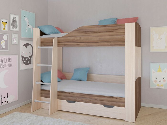 Двухъярусная кровать Астра 2 80х190 цвета Дуб молочный-Орех - купить Двухъярусные кроватки по цене 20200.0