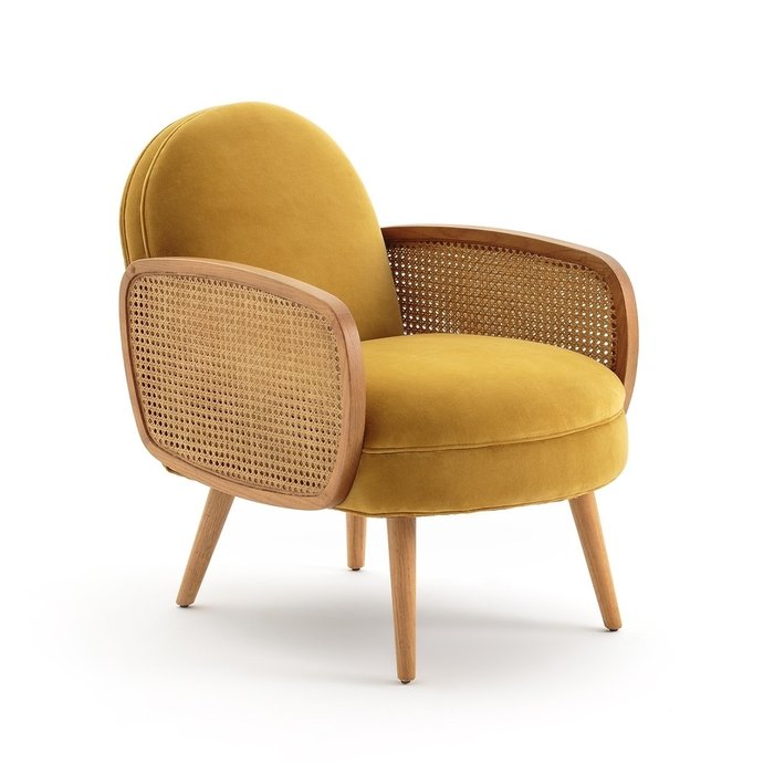 Кресло из велюра и плетеной отделкой Buisseau желтого цвета