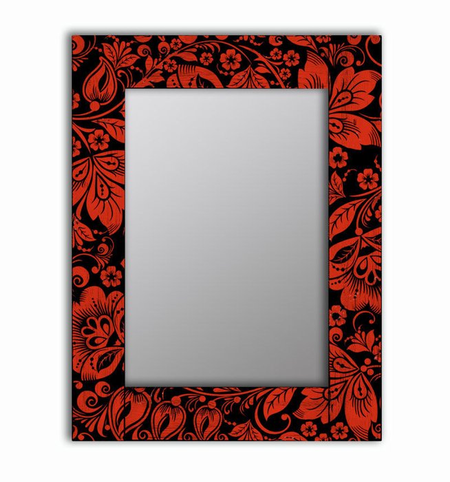 Настенное зеркало Красные цветы в раме из массива сосны 80х80