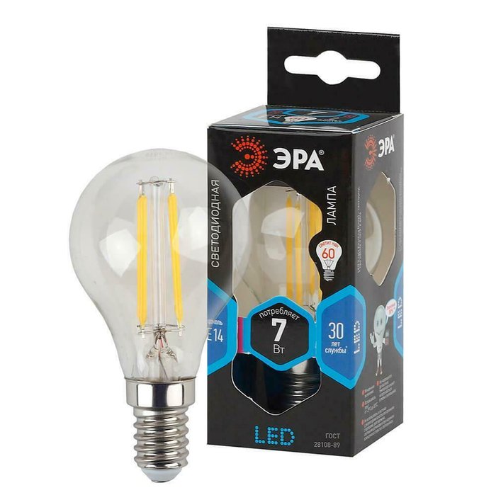 Лампа светодиодная филаментная ЭРА E14 7W 4000K прозрачная F-LED P45-7W-840-E14 Б0027947 - купить Лампочки по цене 115.0