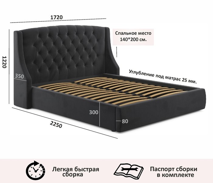 Кровать Stefani 140х200 черного цвета с ортопедическим основанием и матрасом  - лучшие Кровати для спальни в INMYROOM