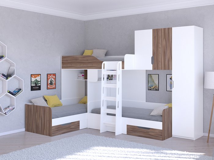 Двухъярусная кровать Трио 2 80х190 цвета Орех-белый - купить Двухъярусные кроватки по цене 45400.0