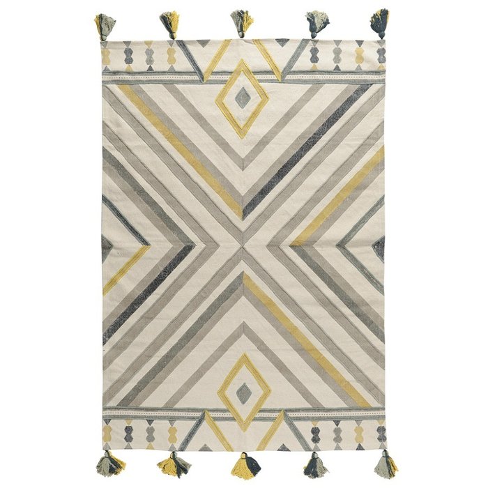 Ковер из хлопка с контрастным узором и кисточками Ethnic 120х180 бежевого цвета Ковер из хлопка с контрастным узором и кисточками Ethnic 120х180 бежевого цвета