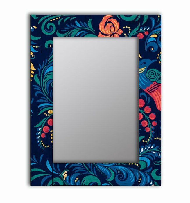 Дизайнерское зеркало Синяя Жар-птица в раме из массива сосны 55х55
