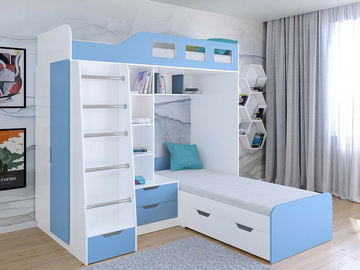 Двухъярусная кровать Астра 4 80х195 бело-голубого цвета - купить Двухъярусные кроватки по цене 34900.0