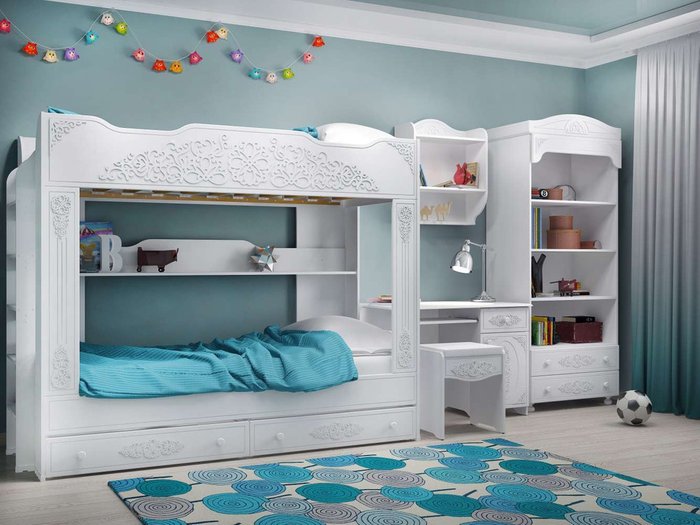 Композиция для детской Ассоль белого цвета с двухъярусной кроваткой