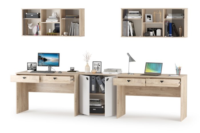 Два компьютерных стола с навесными шкафами и комодом Бостон бежевого цвета - лучшие Письменные столы в INMYROOM