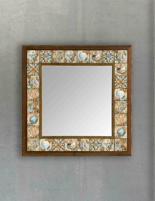 Настенное зеркало 43x43 с каменной мозаикой бежево-голубого цвета - купить Настенные зеркала по цене 16871.0