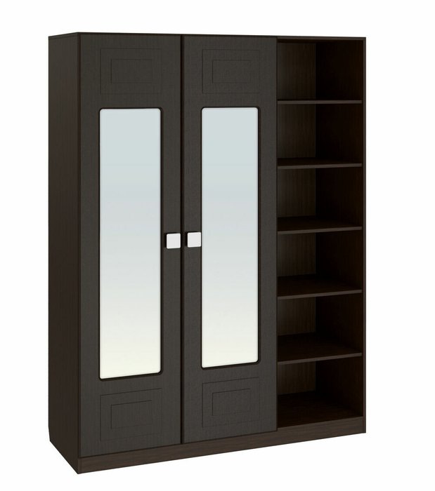 Шкаф двухдверный с открытыми полками и зеркалами Анастасия темно-коричневого цвета