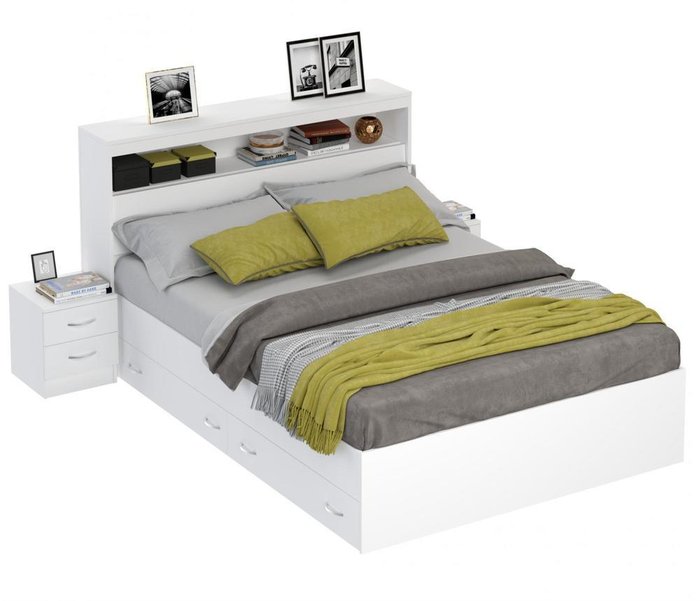 Кровать Виктория 140х200 с двумя тумбами белого цвета