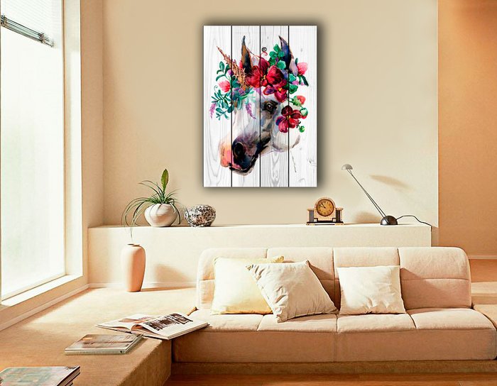 Картина на дереве Лошадь в венке 40х40 - лучшие Картины в INMYROOM