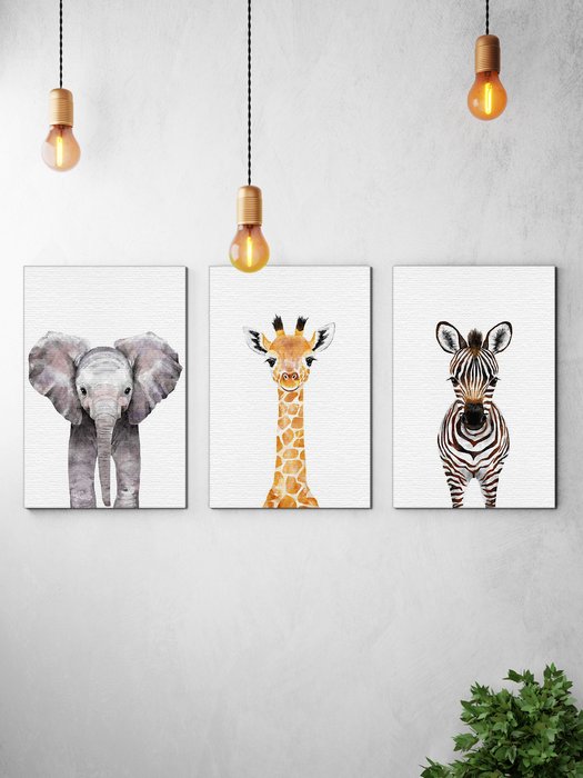 Набор из трех постеров Слон жираф и зебра 50х99 на холсте