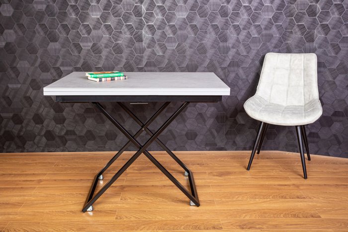 Стол трансформер Compact из керамогранита цвета гриджио на черных опорах - лучшие Обеденные столы в INMYROOM