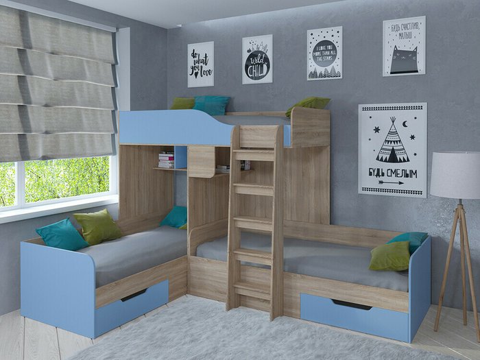 Двухъярусная кровать Трио 80х190 цвета Дуб Сонома-голубой - купить Двухъярусные кроватки по цене 32400.0