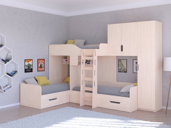 Двухъярусная кровать Трио 2 80х190 цвета Дуб молочный - купить Двухъярусные кроватки по цене 45400.0
