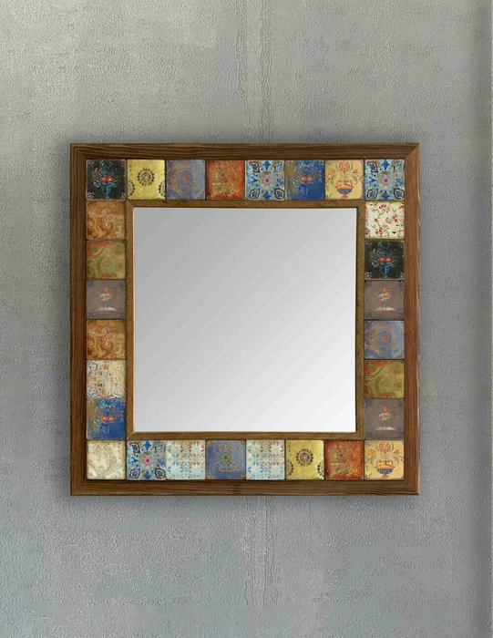 Настенное зеркало с каменной мозаикой 43x43 бежево-голубого цвета - купить Настенные зеркала по цене 16871.0