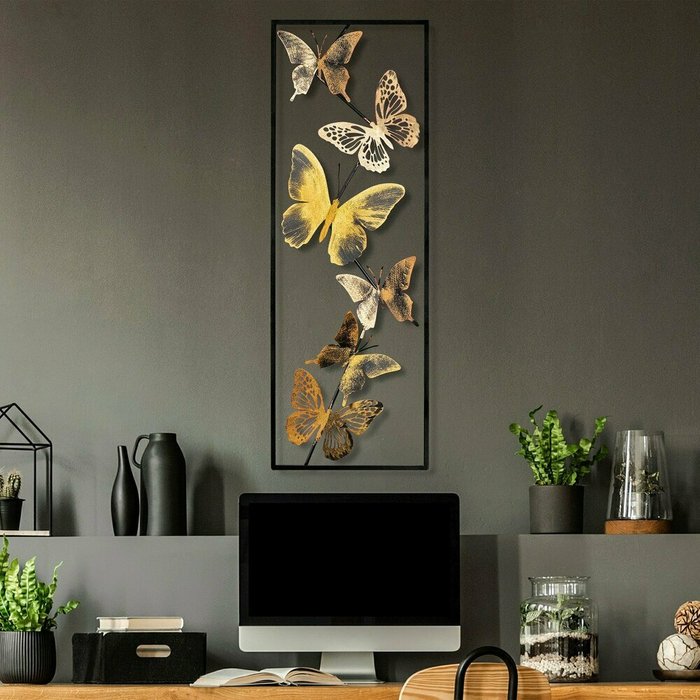 Настенный декор ручной работы Бабочки 32х90 из металла черно-желтого цвета - купить Декор стен по цене 14385.0