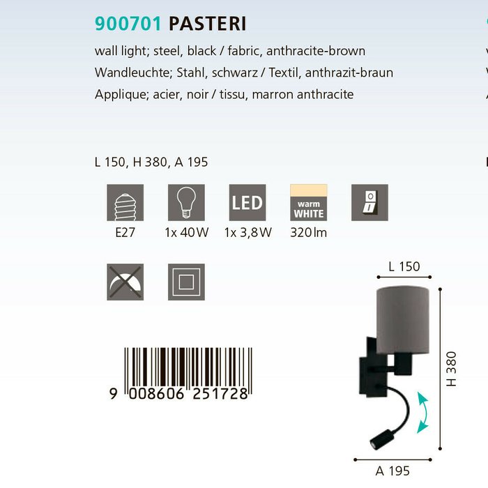 Бра Eglo Pasteri 900701 - купить Бра и настенные светильники по цене 9890.0