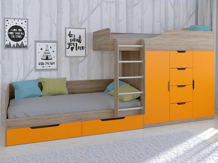 Двухъярусная кровать Астра 6 80х190 цвета Дуб Сонома-оранжевый - купить Двухъярусные кроватки по цене 38400.0