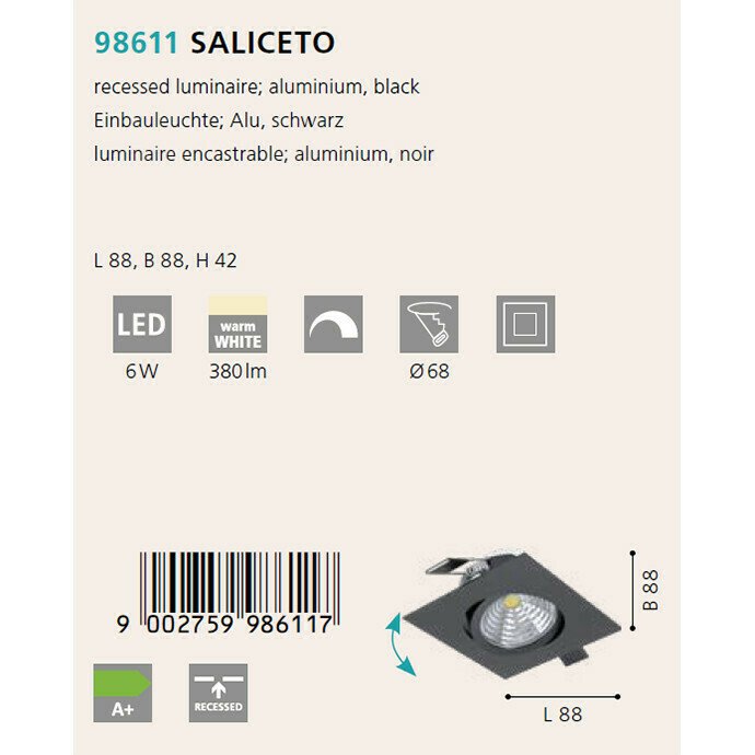 Светильник точечный Saliceto черного цвета - купить Встраиваемые споты по цене 2190.0