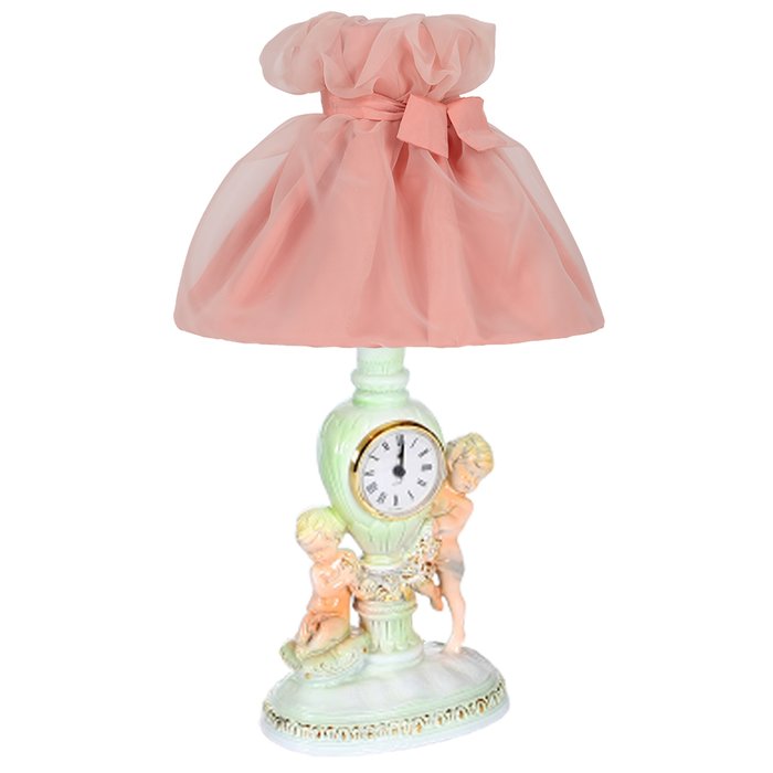 Настольная лампа-часы Путти Мадлен с абажуром персикового цвета 