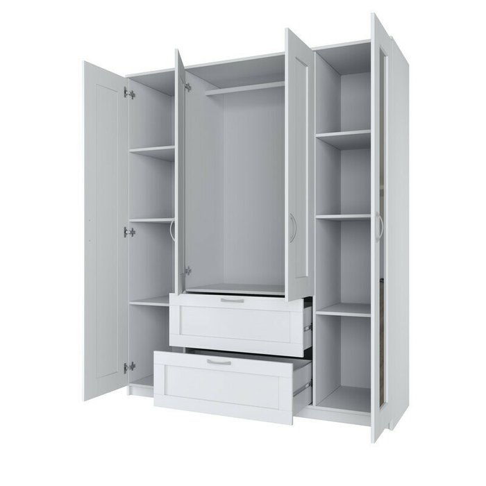 Шкаф четырехдверный с выдвижным ящиком и двумя зеркалами Сириус белого цвета - купить Шкафы распашные по цене 27999.0