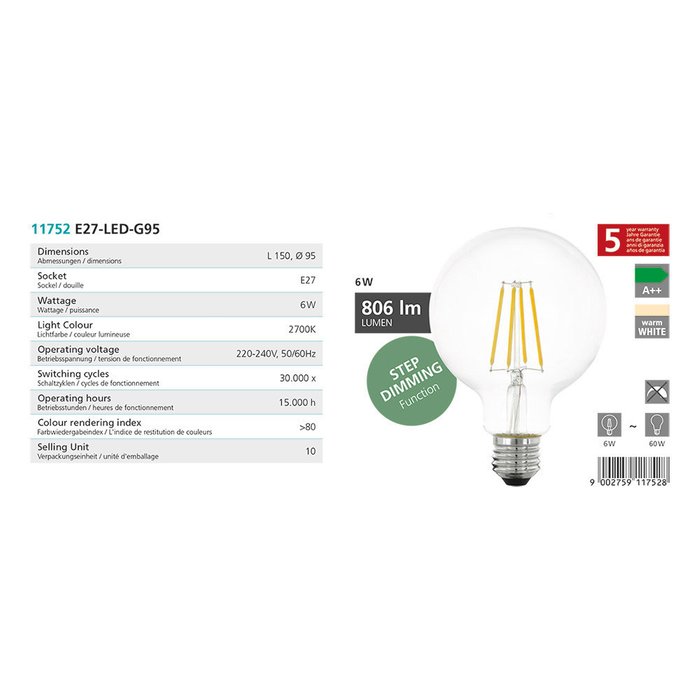 Диммируемая светодиодная лампа филаментная 220V G95 E27 6W (соответствует 60W) 806Lm 2700К (теплый белый)  - лучшие Лампочки в INMYROOM