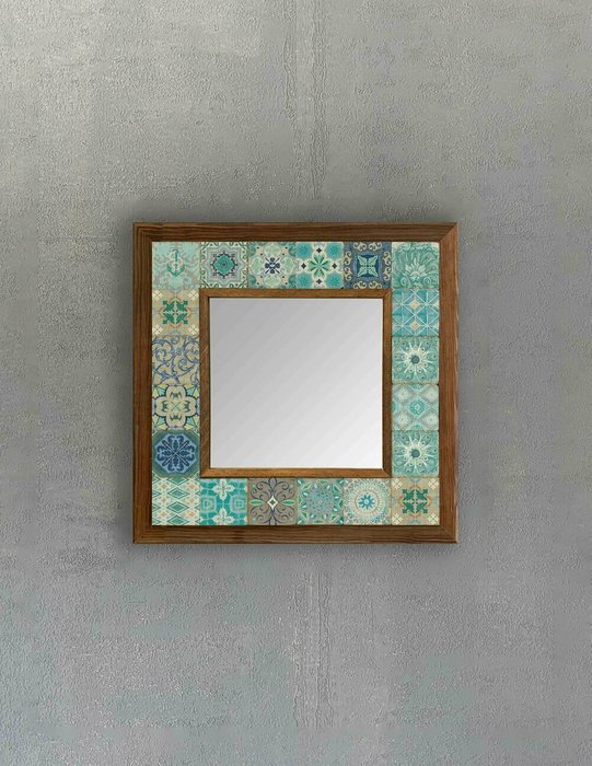 Настенное зеркало с каменной мозаикой 33х33 коричнево-бирюзового цвета - купить Настенные зеркала по цене 9840.0
