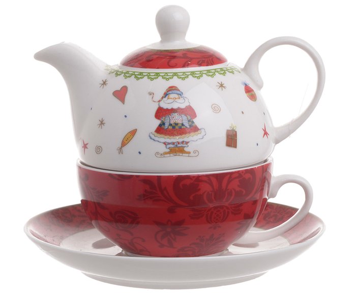 Чайник-чашка с блюдцем красного цвета