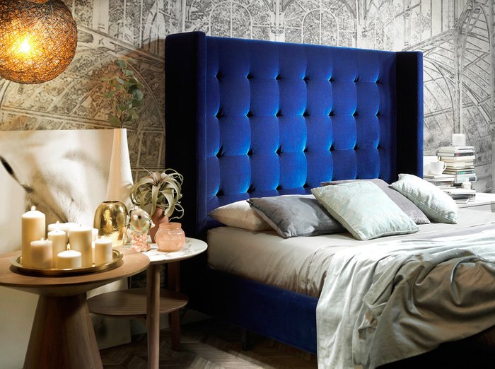 Кровать с мягким изголовьем синего цвета 160x200 - лучшие Кровати для спальни в INMYROOM