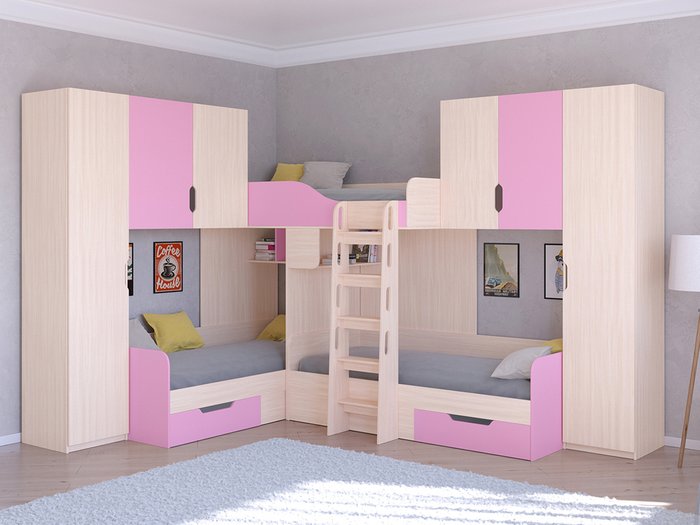 Двухъярусная кровать Трио 3 80х190 цвета Дуб молочный-розовый - купить Двухъярусные кроватки по цене 58400.0