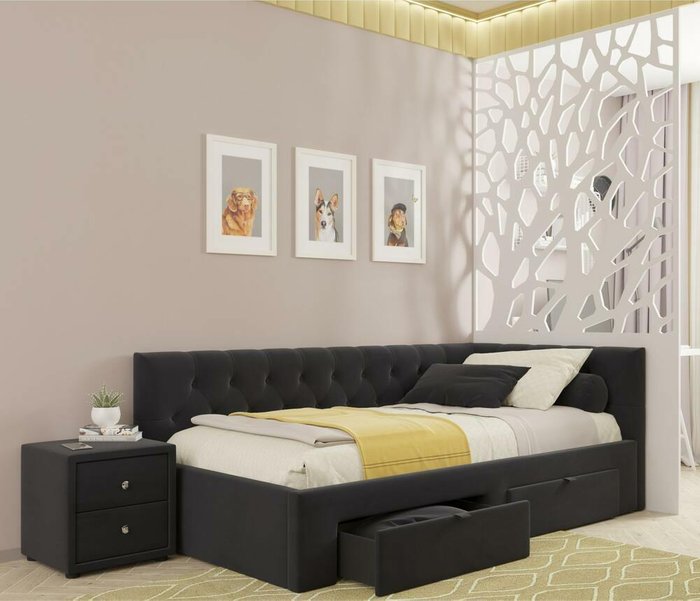 Кровать Afelia 90х200 черного цвета с двумя ящиками и ортопедическим основанием - купить Кровати для спальни по цене 24990.0
