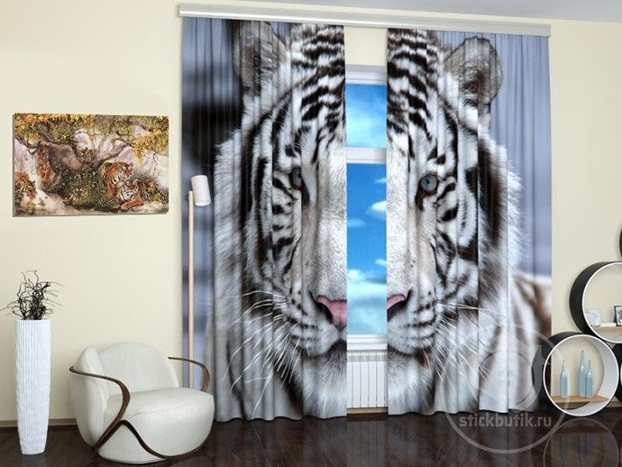 Стильные фотошторы: Белый тигр - купить Шторы по цене 3990.0