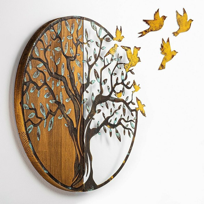 Настенный декор Дерево с птичками 92x71 из металла и дерева - купить Декор стен по цене 20428.0