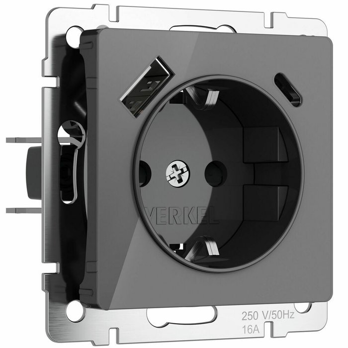 Розетка с заземлением, шторками и USB тип A+C графит акрил W1171744 Встраиваемые механизмы графит акриловые Розетка с заземлением, шторками и USB тип A+C графит акрил W1171744 Встраиваемые механизмы графит акриловые